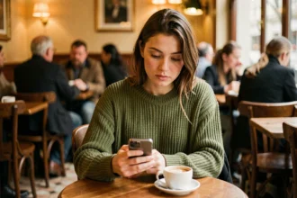 Jeune femme isolée dans un café parisien, absorbée par son smartphone, illustrant l'impact d'Internet sur les interactions sociales en public