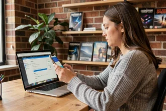 Femme comparant la consommation WiFi et 5G sur son smartphone dans un bureau à domicile