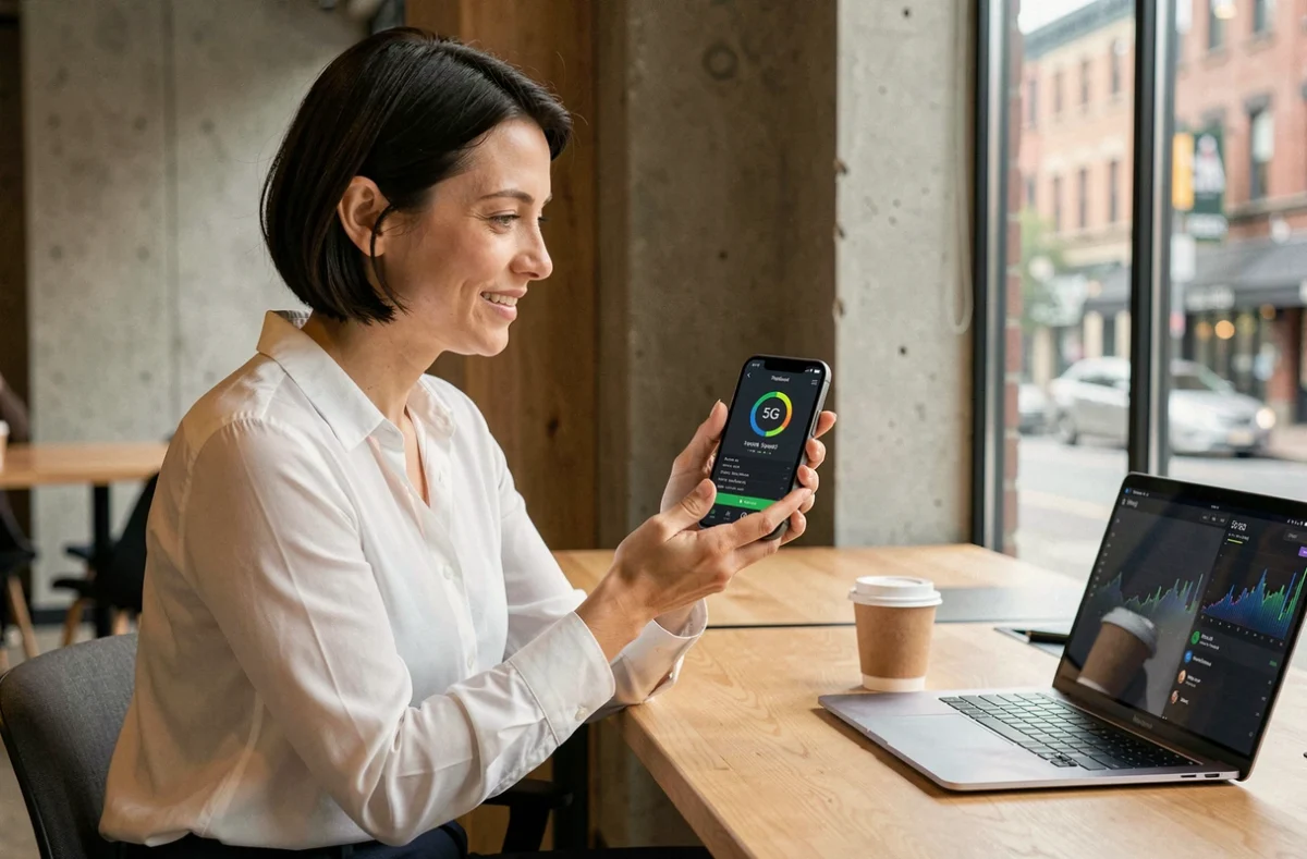 Femme professionnelle testant la vitesse de connexion 5G sur smartphone dans un espace de coworking moderne