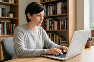 Femme utilisant un traitement de texte gratuit sur son ordinateur portable dans un bureau à domicile