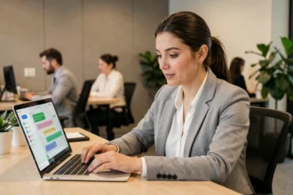 Femme utilisant un chatbot sur ordinateur portable dans un bureau moderne, illustrant l'efficacité des chatbots en entreprise