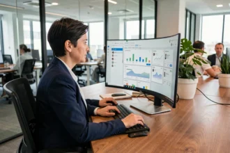 Femme professionnelle utilisant un logiciel CRM sur un écran d'ordinateur dans un bureau moderne en open space