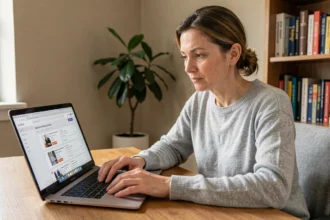 Femme consultant une plateforme de vente en ligne sur son ordinateur portable dans un bureau à domicile, expression concentrée et prudente