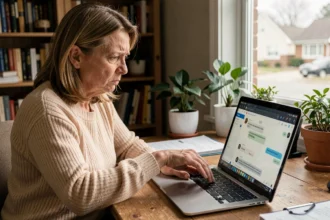 Femme inquiète lisant des messages suspects d'un brouteur sur son ordinateur portable à domicile