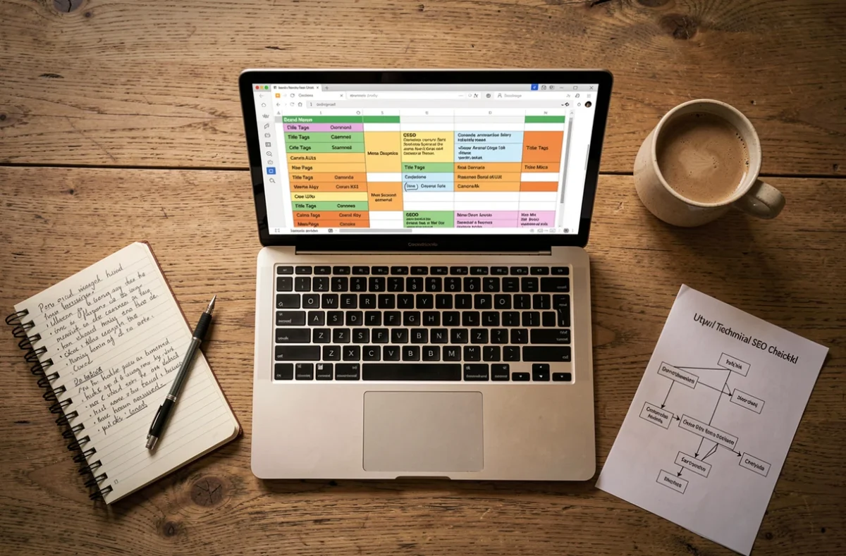 Flat-lay d'un bureau avec checklist d'audit SEO technique on-page affichée sur un ordinateur portable et notes manuscrites