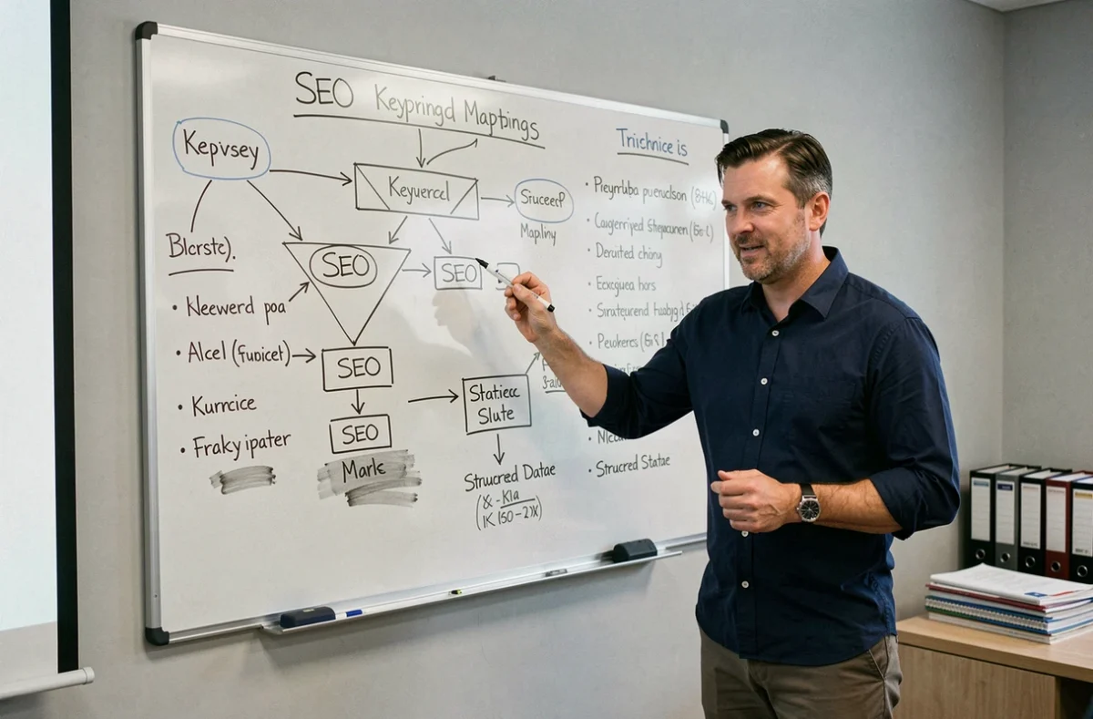Formateur SEO masculin présentant une stratégie de référencement naturel sur tableau blanc lors d'un atelier professionnel en salle de formation