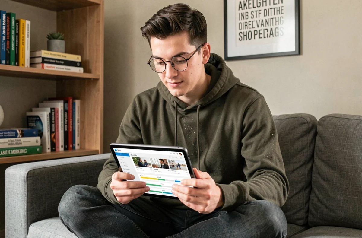 Jeune homme suivant une formation SEO en ligne sur tablette depuis son bureau à domicile dans une ambiance détendue et studieuse