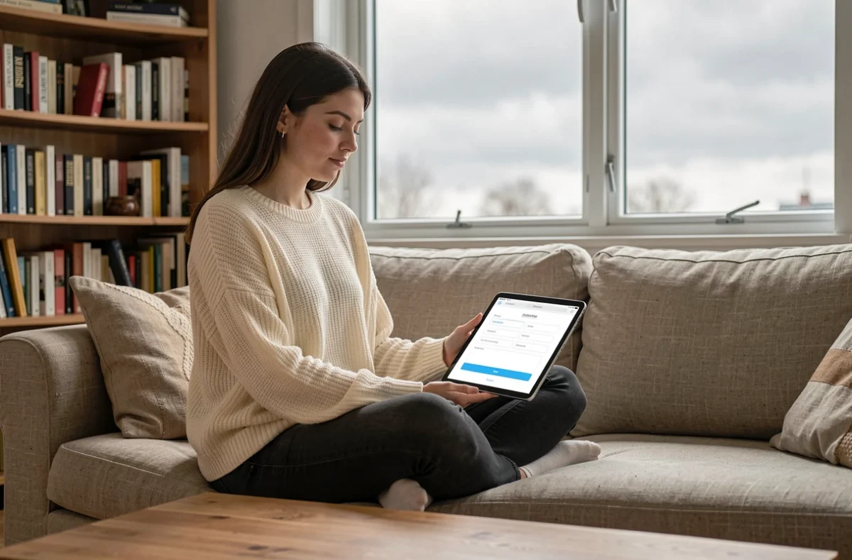 Jeune femme remplissant un formulaire de collecte de données personnelles sur une tablette chez elle