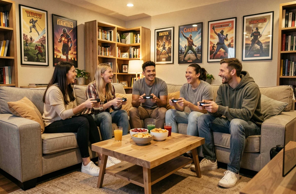 Groupe d'amis jouant ensemble aux jeux vidéo dans un salon confortable lors d'une soirée gaming conviviale