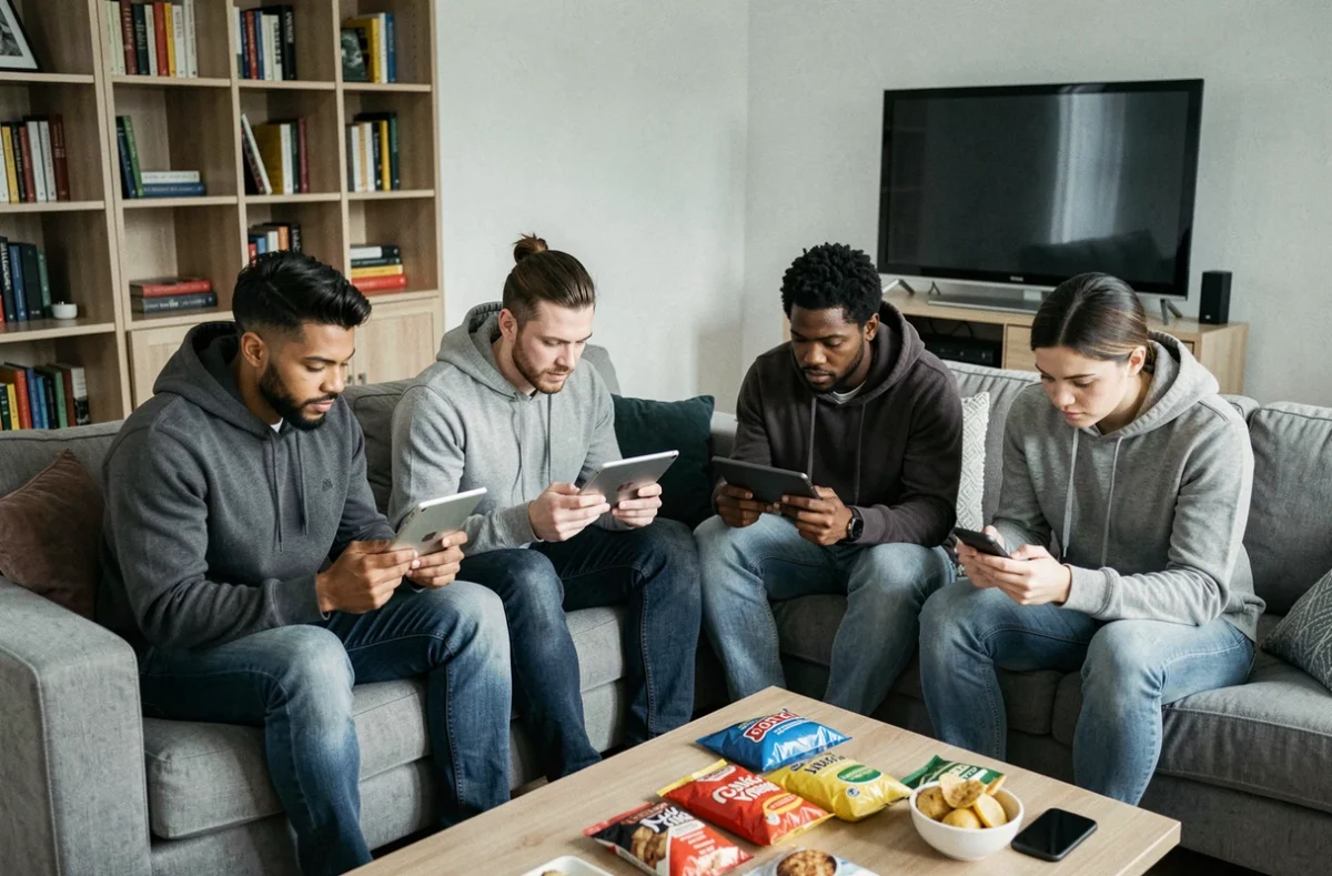 Groupe d'amis réunis dans un salon mais chacun sur son écran, symbolisant la déconnexion sociale liée à l'usage d'Internet et des réseaux sociaux