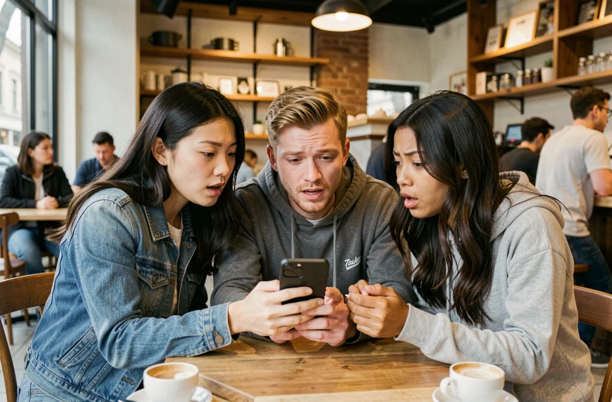 Groupe de jeunes adultes réagissant à du contenu sur smartphone dans un café, représentant l'impact des algorithmes des médias sociaux sur les utilisateurs