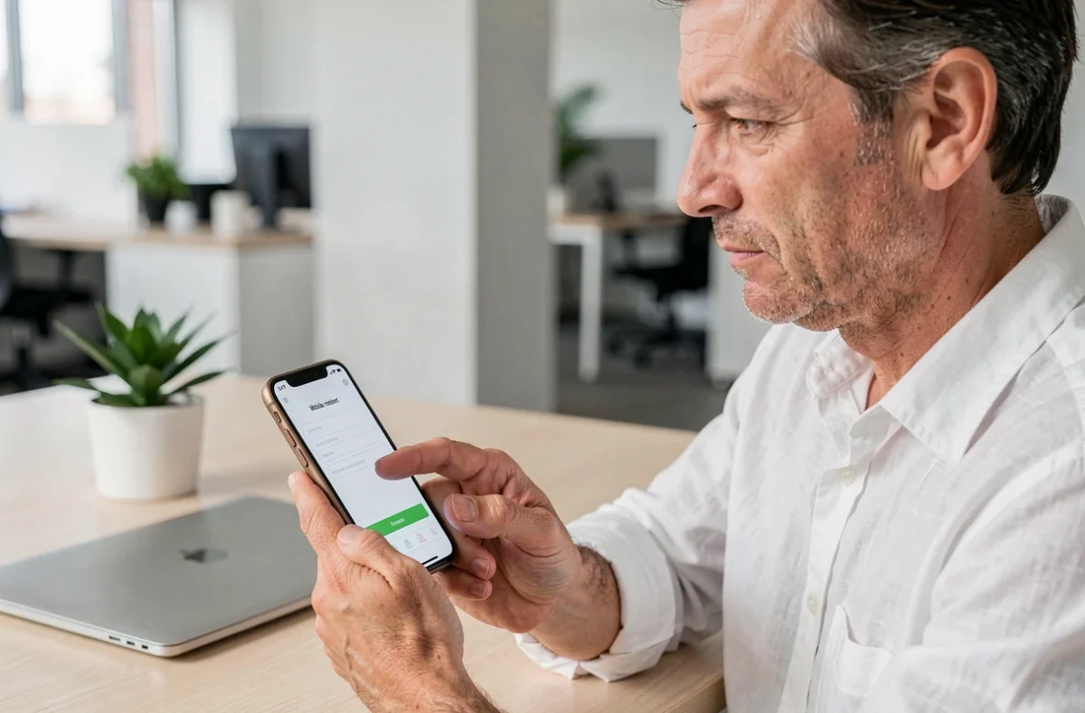 Personne hésitant à entrer son numéro de portable dans un formulaire en ligne sur smartphone, assise à un bureau minimaliste, illustrant les risques liés au partage de données téléphoniques personnelles