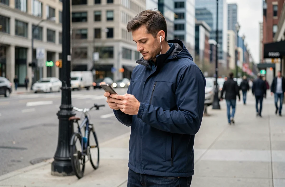 Homme utilisant la 5G en ville, comparaison de la consommation réseau mobile et WiFi en extérieur