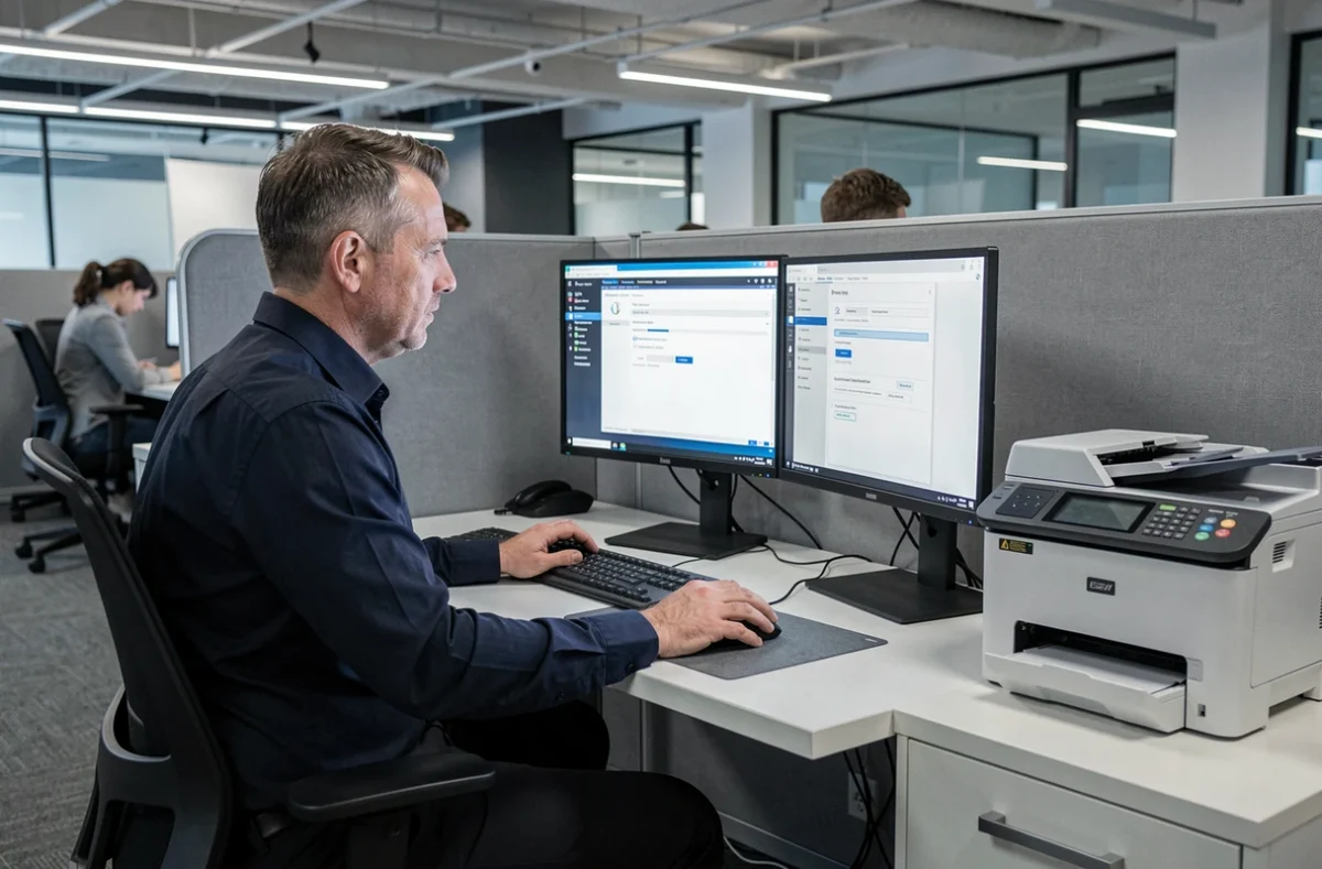 Homme configurant les paramètres du scanner sur un ordinateur de bureau dans un open space professionnel