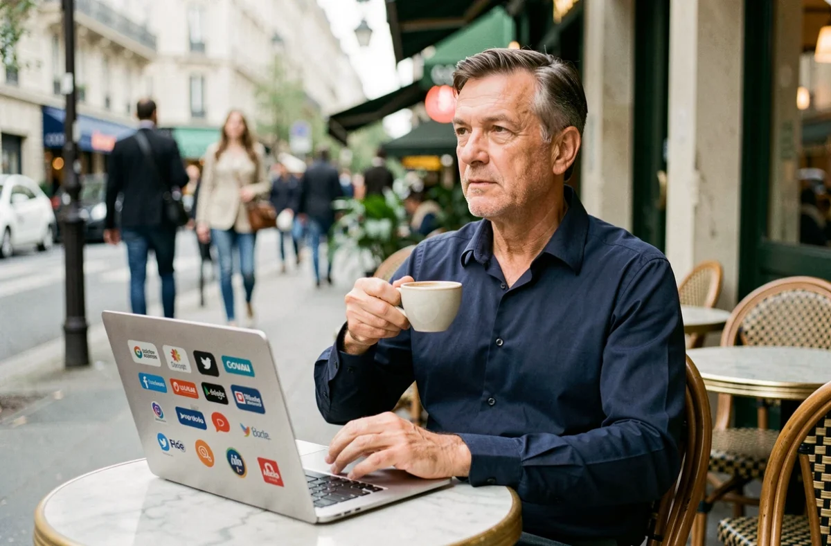 Homme d'affaires mature réfléchissant à sa stratégie sur les réseaux sociaux dans un café parisien