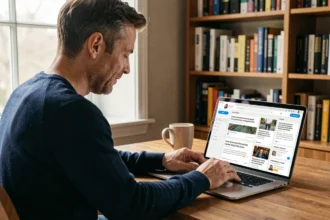 Homme consultant un agrégateur de flux RSS sur un ordinateur portable dans un bureau à domicile