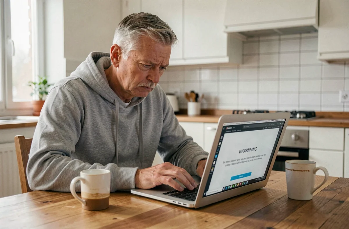 Homme à domicile découvrant une alerte de sécurité sur son ordinateur portable, représentant la vulnérabilité numérique des particuliers