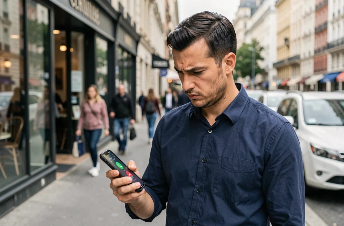 Homme regardant un appel entrant d'un numéro inconnu sur son smartphone dans une rue urbaine, illustrant la prudence concernant le partage de son numéro de téléphone portable