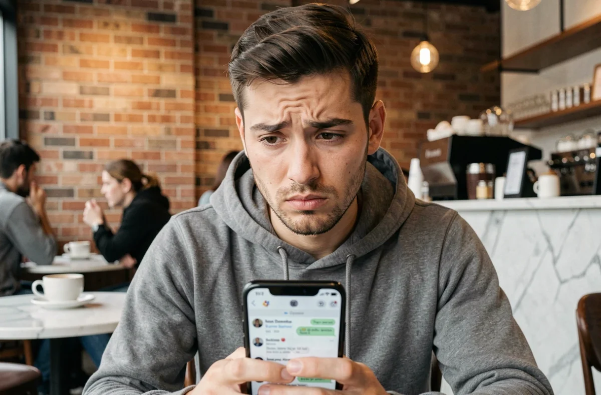 Jeune homme méfiant face à un message d'arnaque de brouteur sur smartphone dans un café