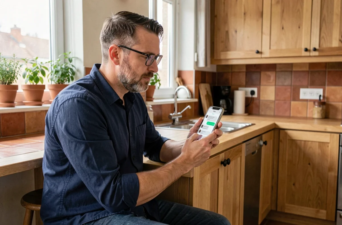Homme utilisant un assistant chatbot IA sur smartphone dans une cuisine moderne