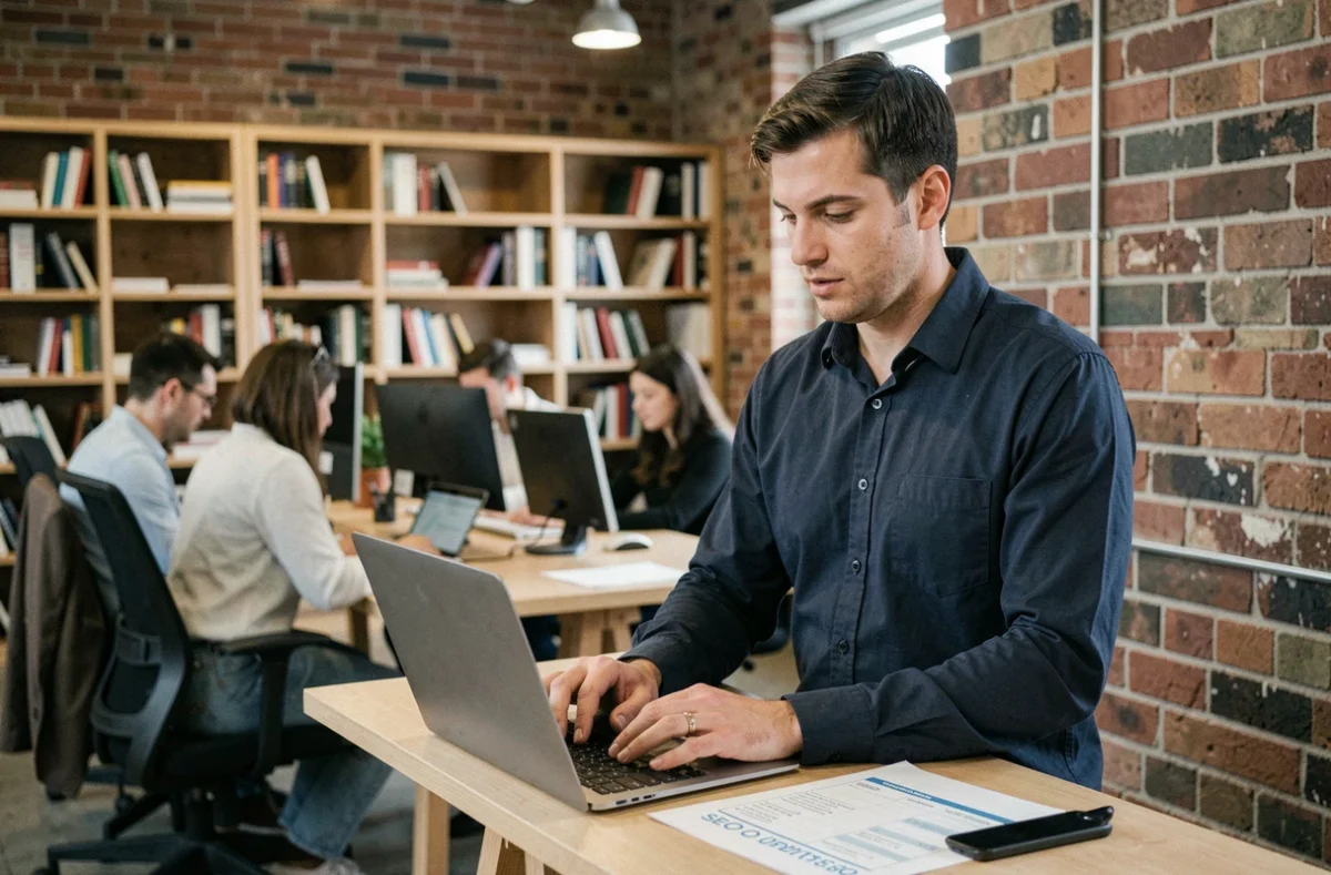 Un homme debout dans un espace de coworking consulte une checklist d'audit SEO tout en travaillant sur son ordinateur portable.