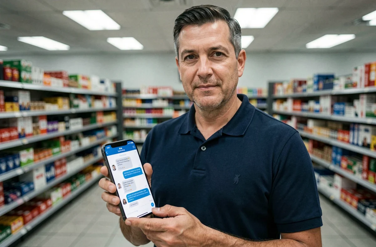 Homme consultant un chatbot de service client sur smartphone dans un magasin, démontrant l'utilisation des chatbots dans le commerce de détail