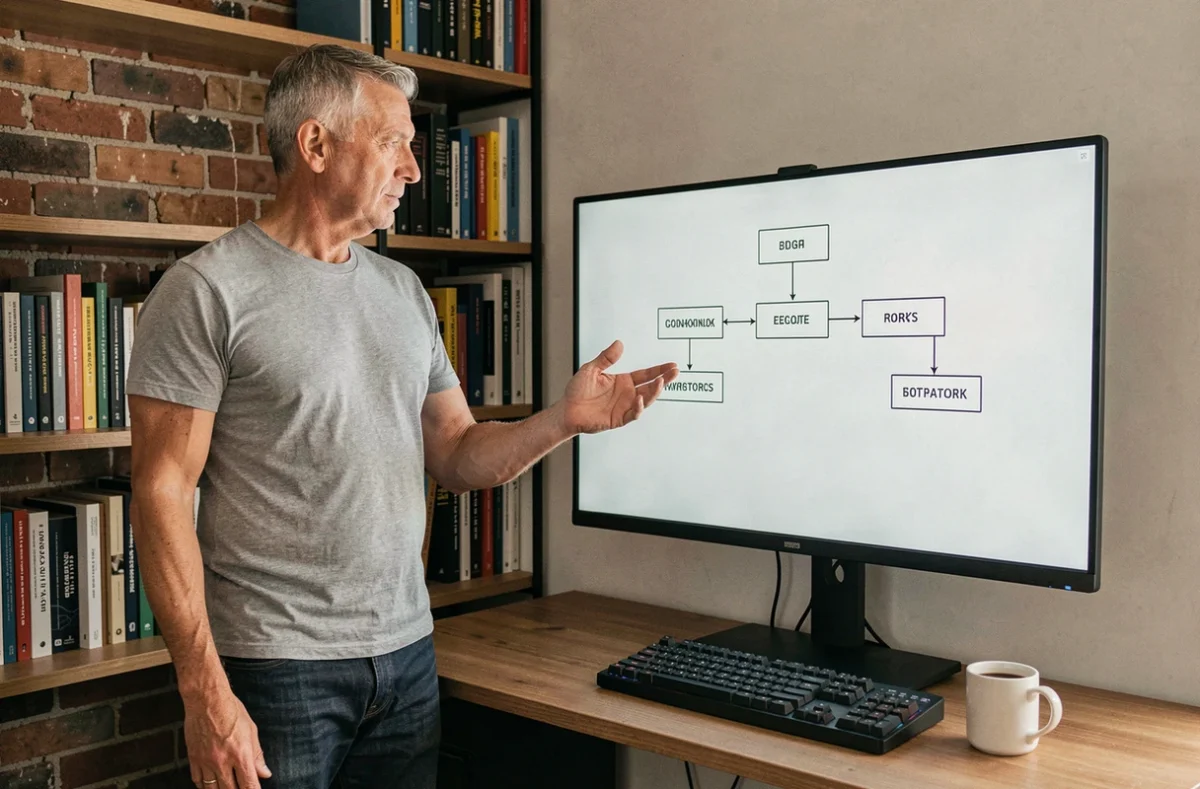 Homme présentant un organigramme simple sur écran, représentant les fondements de l'IA