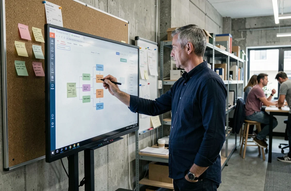 Homme d'affaires créant un workflow applicatif sans coder grâce à un outil visuel en entreprise