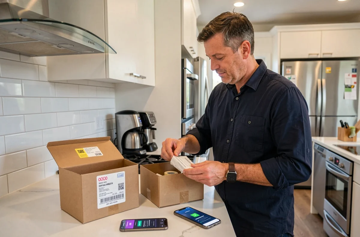 Homme préparant un colis pour une vente en ligne avec une confirmation de paiement sécurisé affichée sur son smartphone