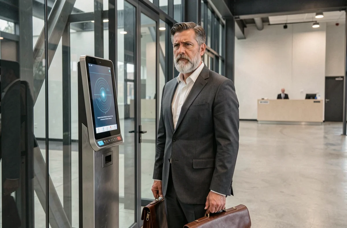 Homme d'affaires sceptique face à un terminal de reconnaissance faciale à l'entrée d'un bâtiment d'entreprise, questionnant la biométrie