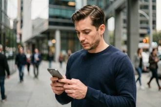 Homme tenant un smartphone connecté à la 5G dans une rue urbaine moderne