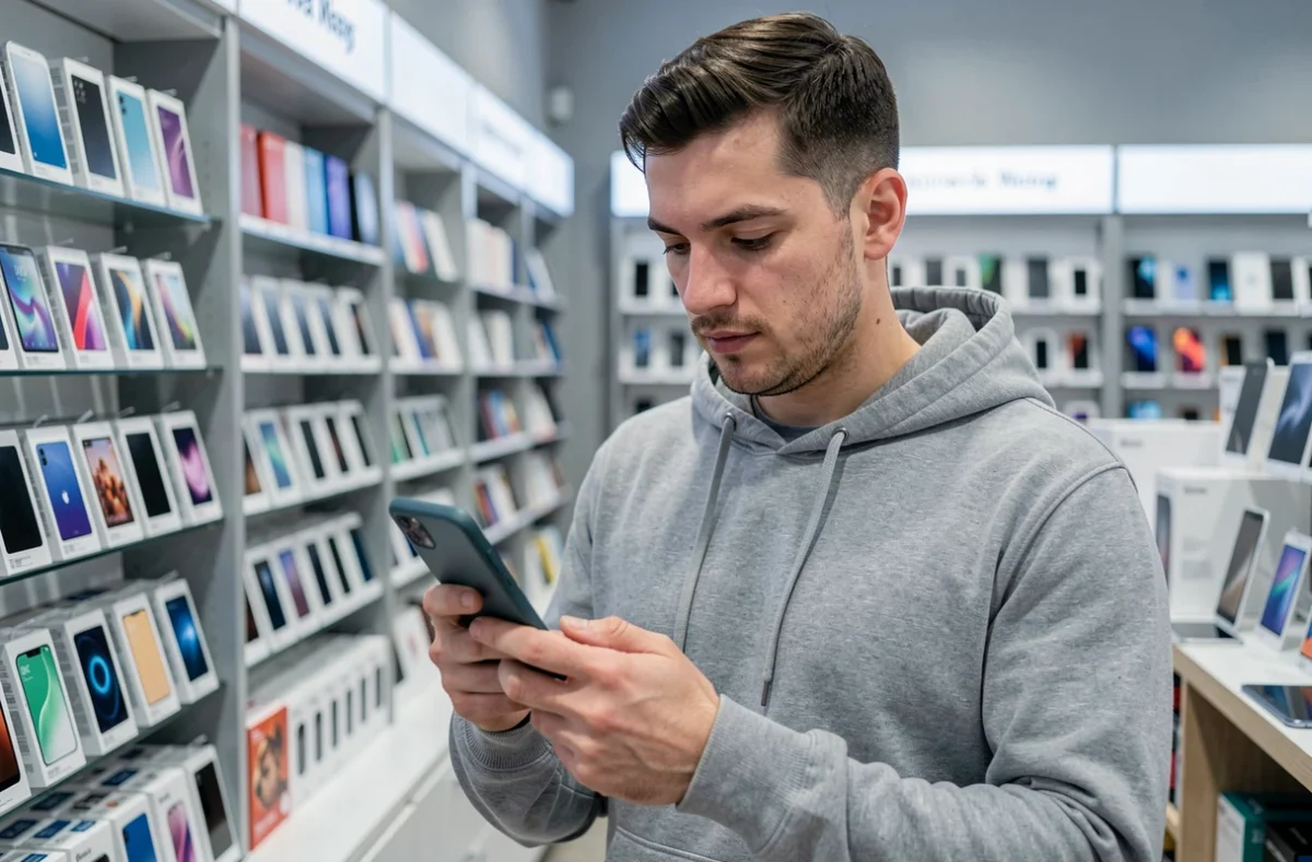 Homme examinant un smartphone dans un magasin d'électronique avec rayons de téléphones en arrière-plan