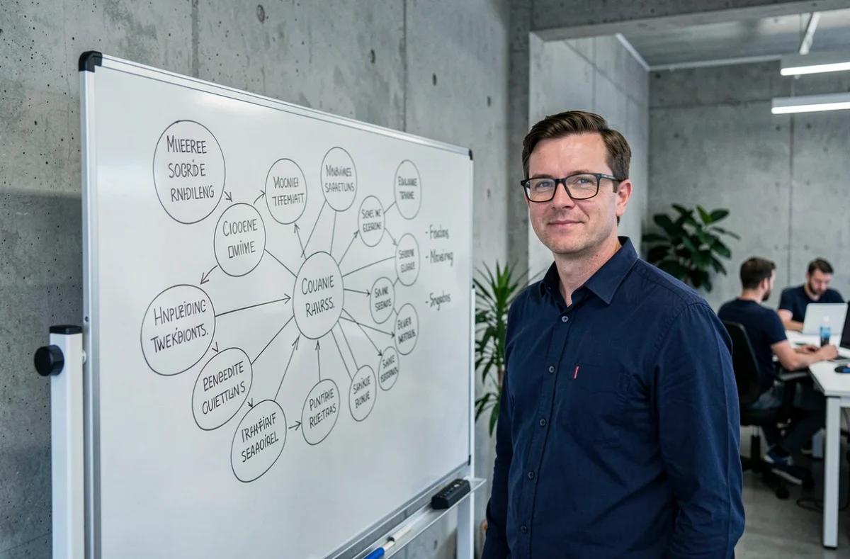Homme devant un tableau blanc illustrant la structure d'un cocon sémantique avec des clusters de mots-clés