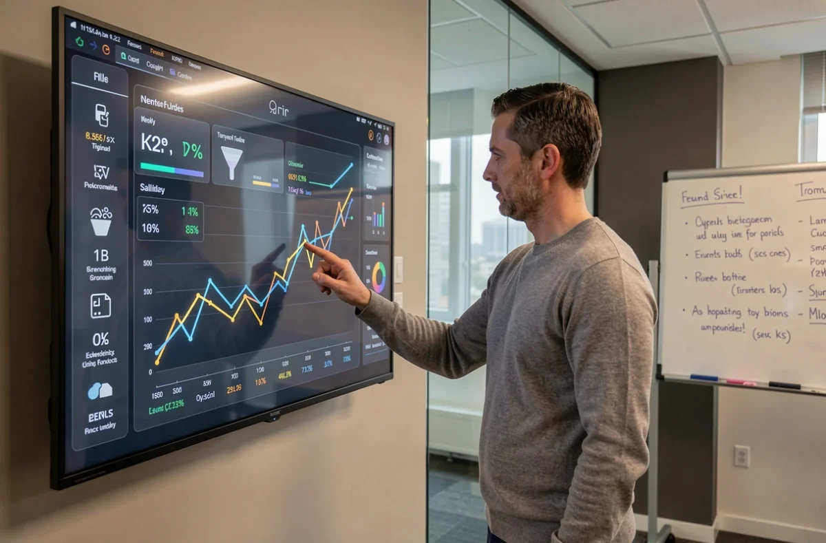 Homme interagissant avec des outils de visualisation de données sur un grand écran interactif en salle de réunion