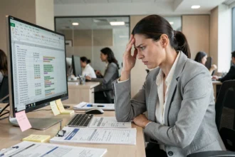 Femme frustrée devant un écran Excel rempli d'erreurs dans un bureau moderne