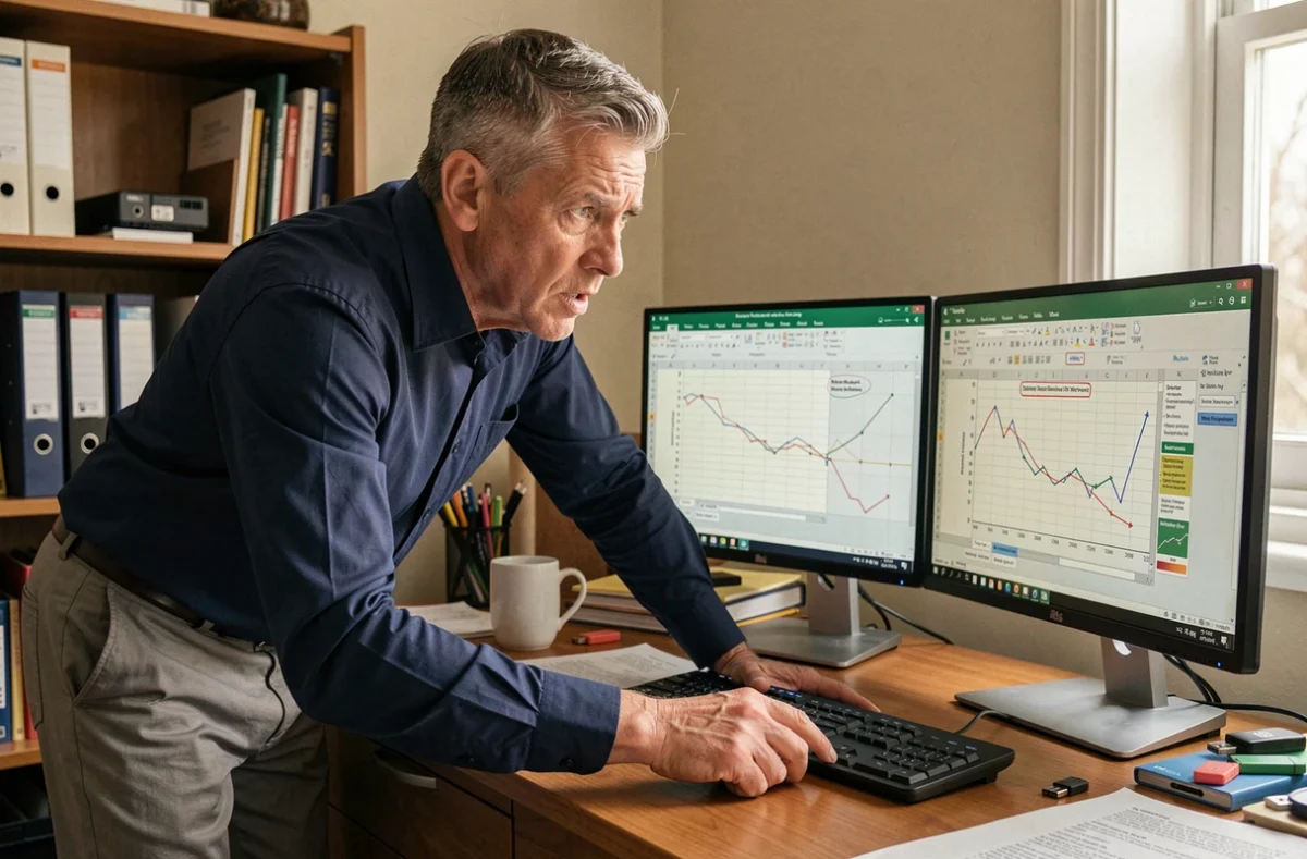 Homme dépassé par la complexité d'un classeur Excel avec des erreurs sur deux écrans