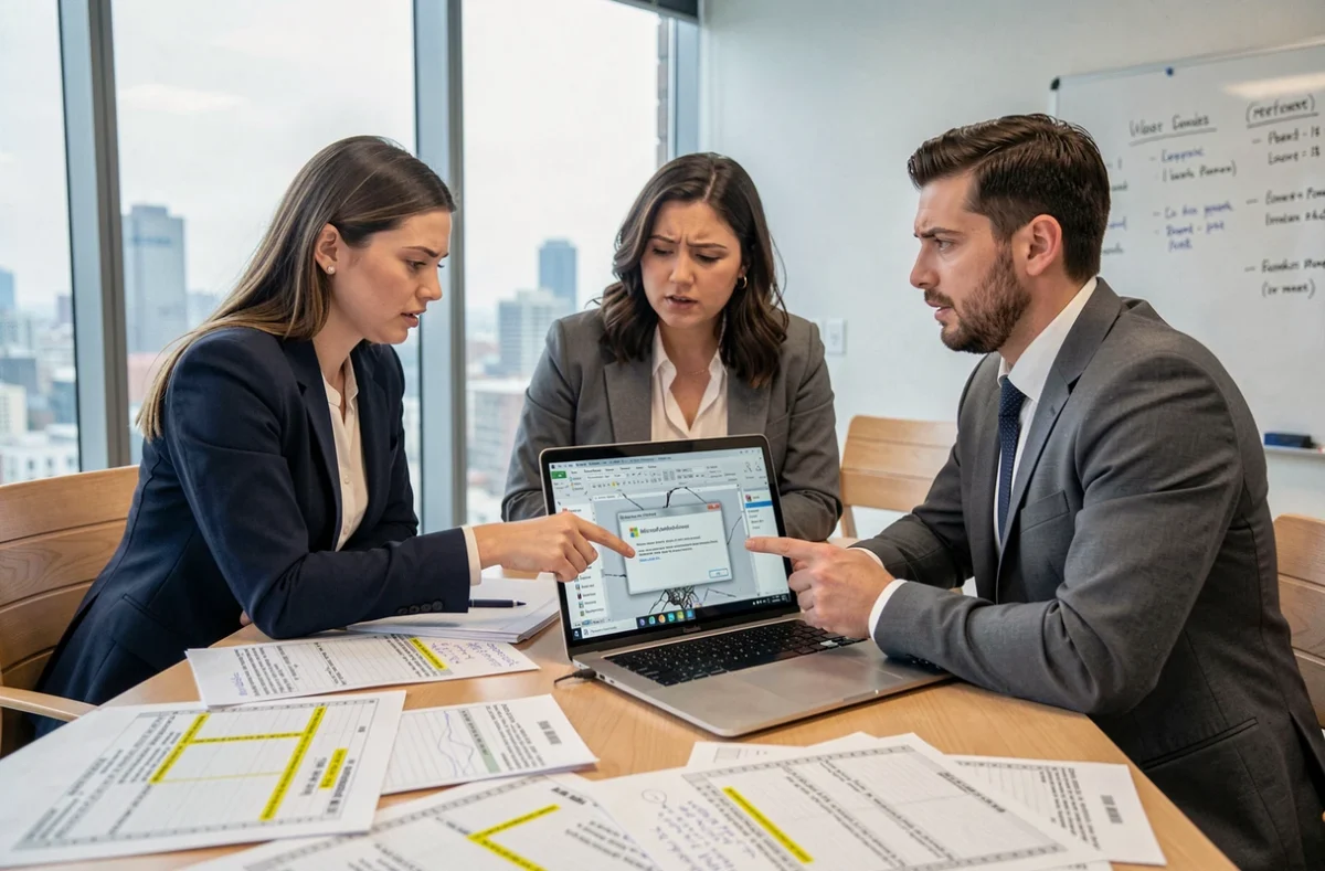 Équipe professionnelle analysant des erreurs dans des rapports Excel lors d'une réunion