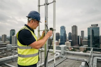 Ingénieur en télécommunications inspectant une antenne 5G sur un toit urbain avec la ville en arrière-plan