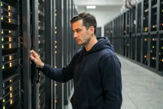 Ingénieur informatique dans un data center examinant des serveurs où la blockchain est stockée
