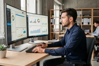 Ingénieur de données masculin travaillant sur des tableaux de bord analytiques dans un bureau moderne, illustrant la réalité du métier bien rémunéré