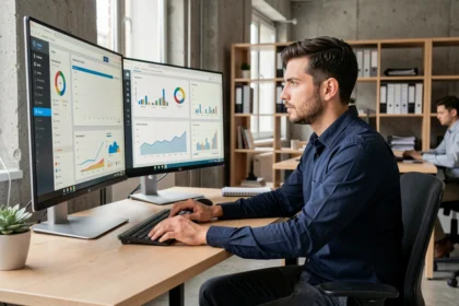 Ingénieur de données masculin travaillant sur des tableaux de bord analytiques dans un bureau moderne, illustrant la réalité du métier bien rémunéré