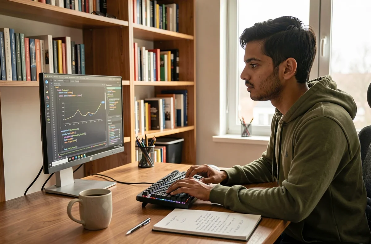 Ingénieur de données travaillant depuis son domicile sur du code Python et des analyses salariales, illustrant la flexibilité et la rémunération attractive du métier