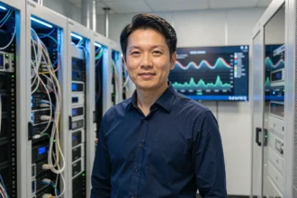 Ingénieur en télécommunications dans un laboratoire de recherche 6G avec équipements réseau avancés
