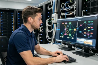 Ingénieur réseau analysant des protocoles VPN modernes sur un écran dans une salle de serveurs