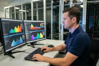 Ingénieur informatique analysant des tableaux de bord de virtualisation de serveurs sur plusieurs écrans dans une salle de contrôle de datacenter