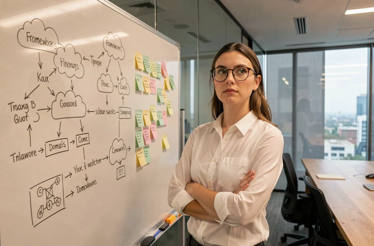 Ingénieure comparant des architectures cloud alternatives à AWS Amplify sur un tableau blanc