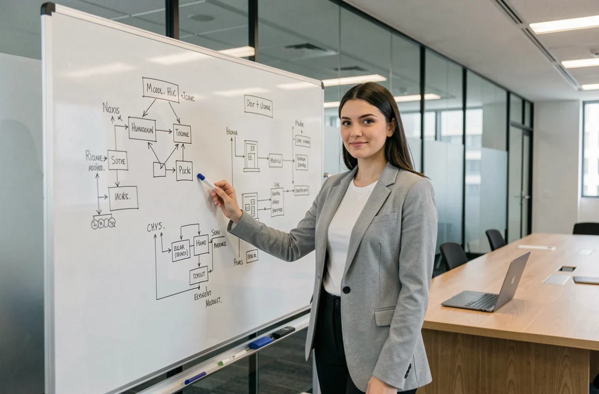 Ingénieure de données présentant une architecture de pipeline devant un tableau blanc en salle de réunion, symbole d'un poste technique qualifié et bien payé