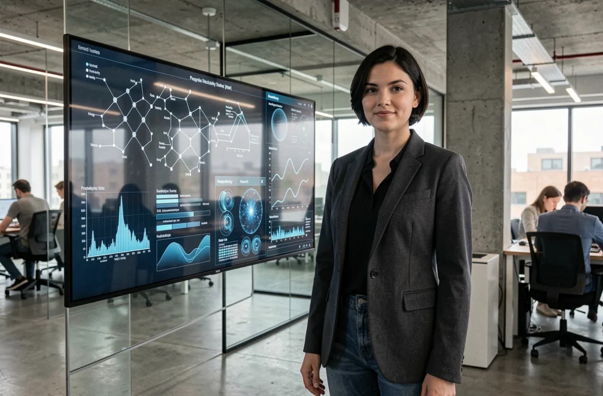Ingénieure en informatique quantique analysant des circuits quantiques sur un écran interactif