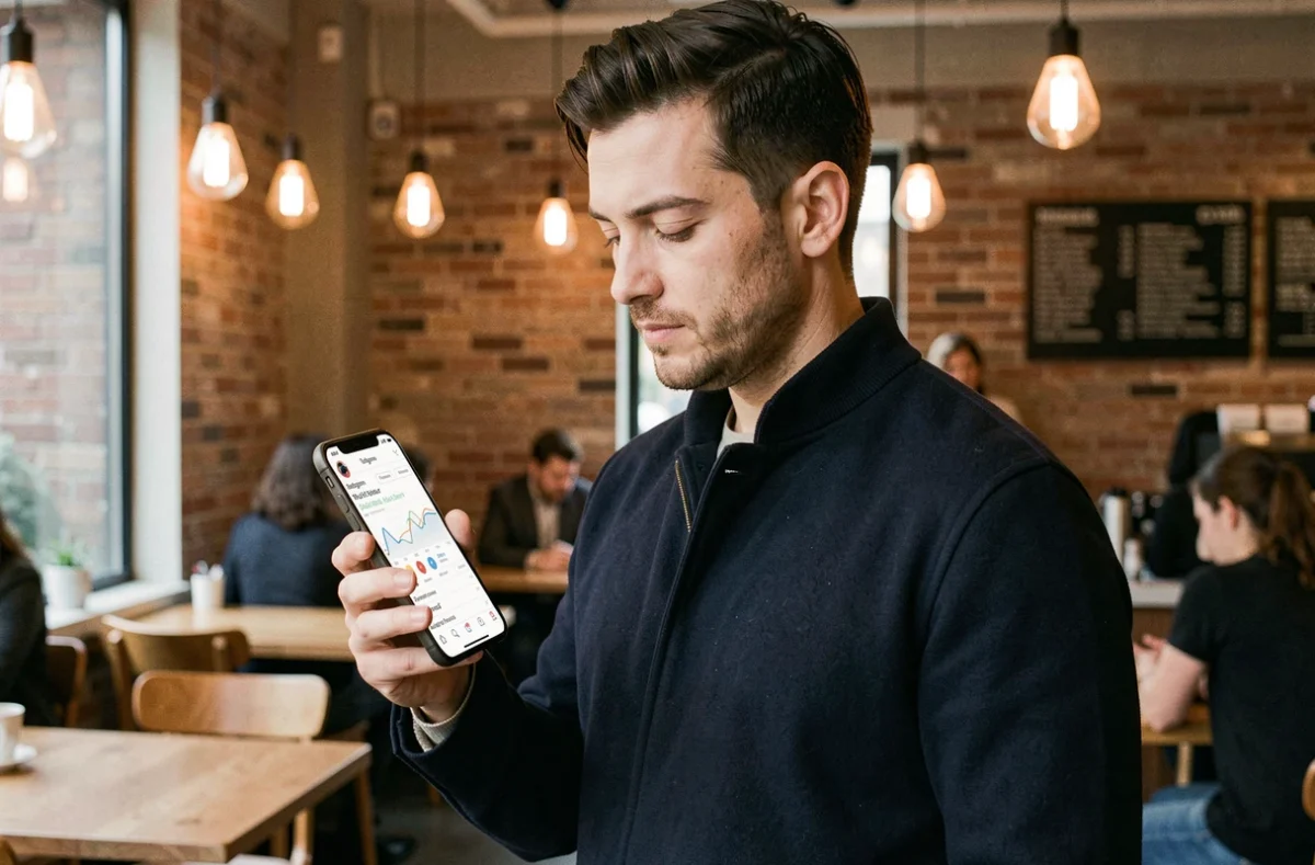 Homme consultant les statistiques de monétisation Instagram dans un café pour évaluer les revenus possibles avec 1000 abonnés