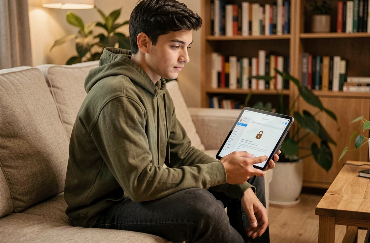 Jeune personne consultant un fichier PDF protégé sur une tablette dans un salon confortable